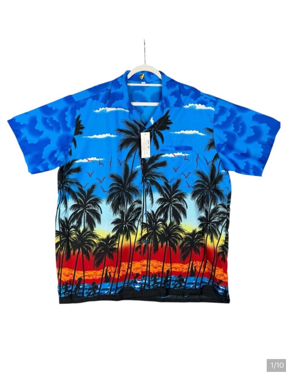 Red Star Hawaiian Shirt XXL Tropical Palm Tree Sunset Silk Feel Button Up